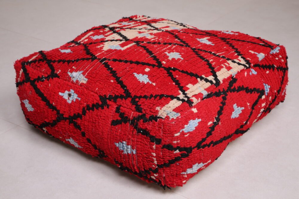 Red Moroccan Pouf | Diamond Lattice Floor Cushion in Wool - Image 5