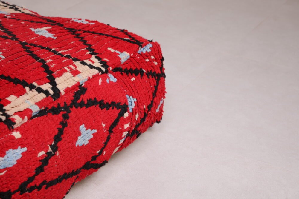 Red Moroccan Pouf | Diamond Lattice Floor Cushion in Wool - Image 6