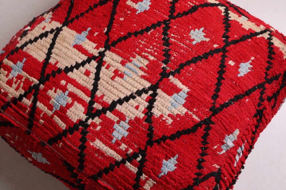 Red Moroccan Pouf | Diamond Lattice Floor Cushion in Wool - Image 7