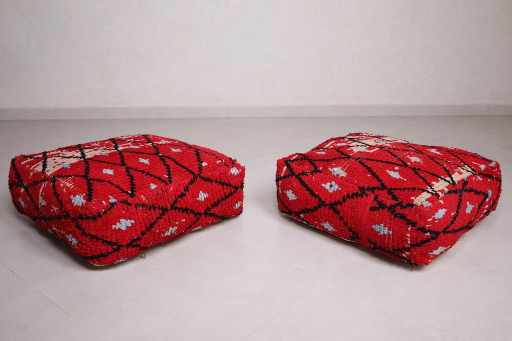Red Moroccan Pouf | Diamond Lattice Floor Cushion in Wool - Image 8