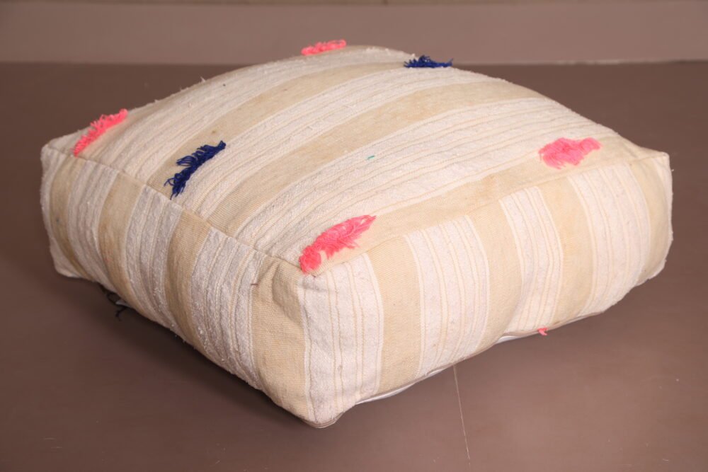 Cream Moroccan Pouf | Handwoven Floor Cushion with Colorful Tufts - Image 2