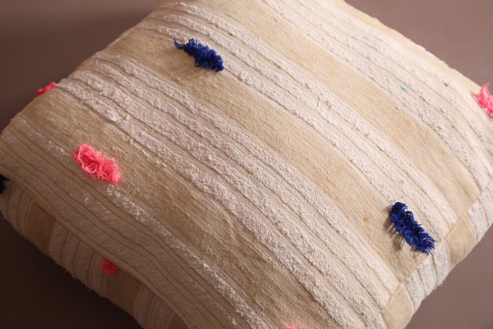 Cream Moroccan Pouf | Handwoven Floor Cushion with Colorful Tufts - Image 3