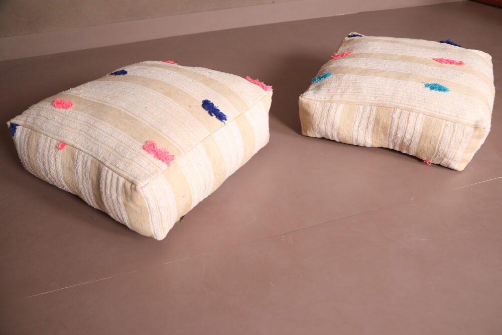 Cream Moroccan Pouf | Handwoven Floor Cushion with Colorful Tufts - Image 7