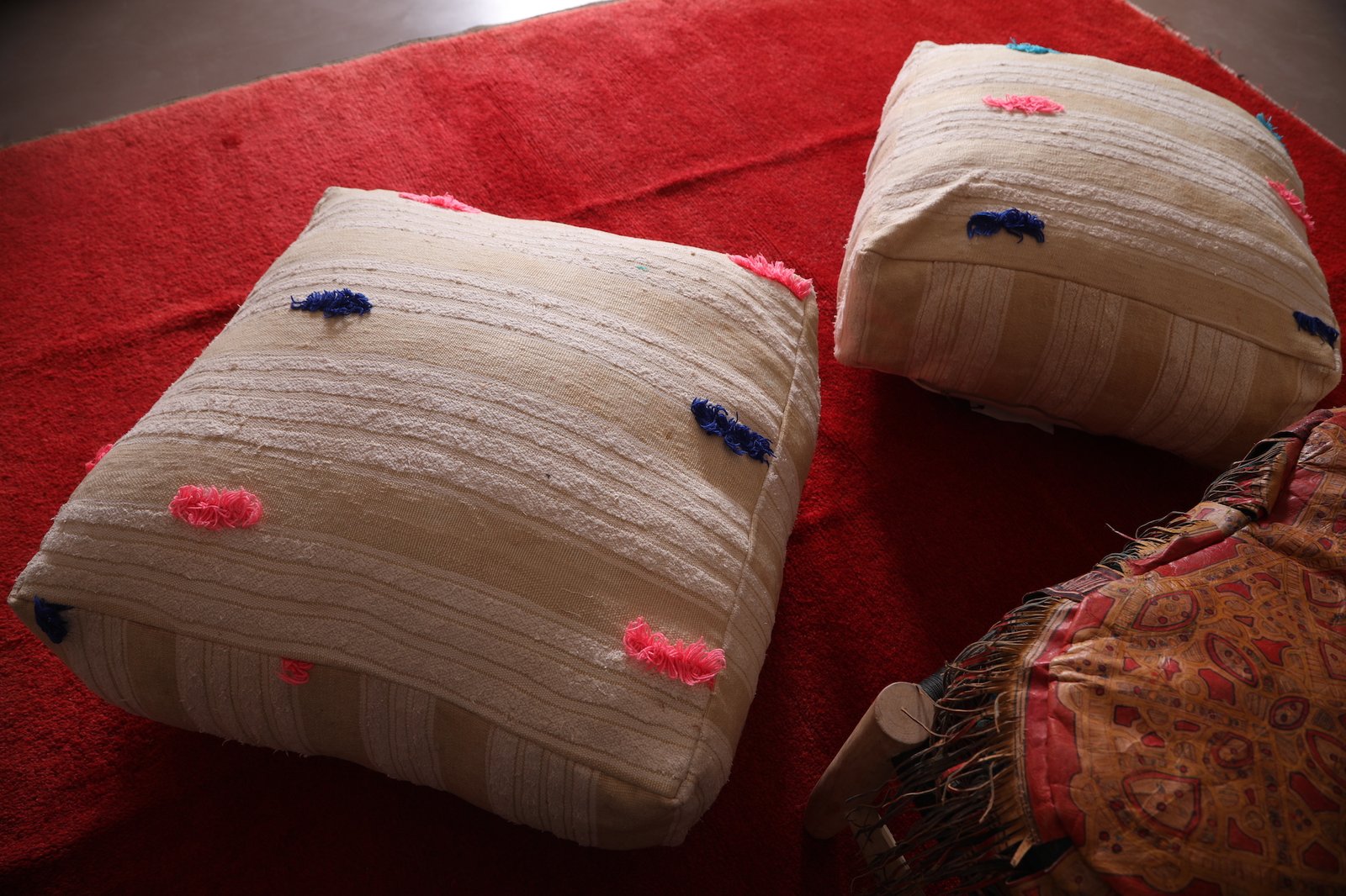 Cream Moroccan Pouf | Handwoven Floor Cushion with Colorful Tufts - Image 9