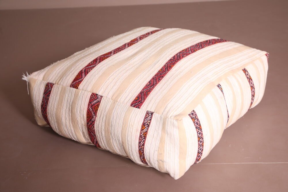 Neutral Moroccan Pouf | Cream Wool Floor Cushion with Red Tribal Stripes - Image 2