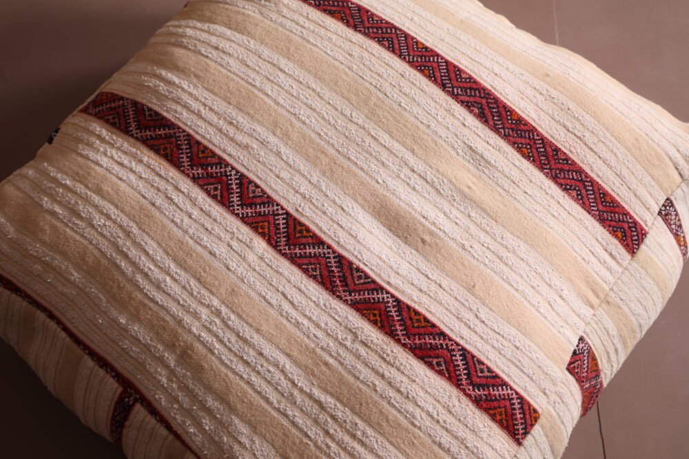 Neutral Moroccan Pouf | Cream Wool Floor Cushion with Red Tribal Stripes - Image 3
