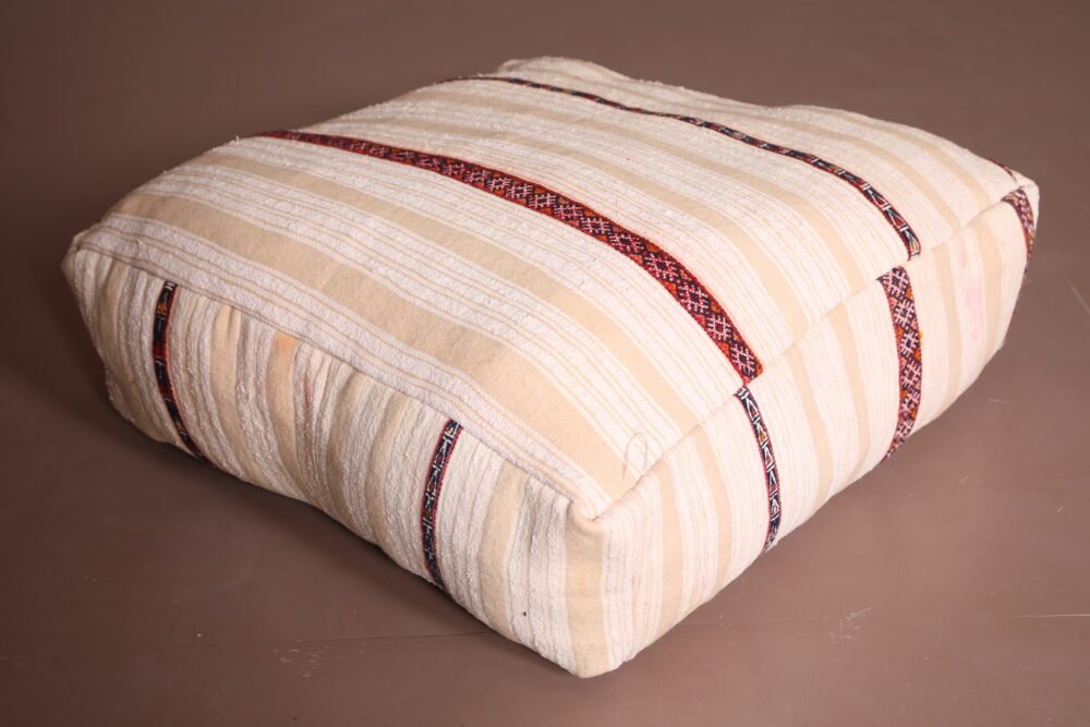 Neutral Moroccan Pouf | Cream Wool Floor Cushion with Red Tribal Stripes - Image 5