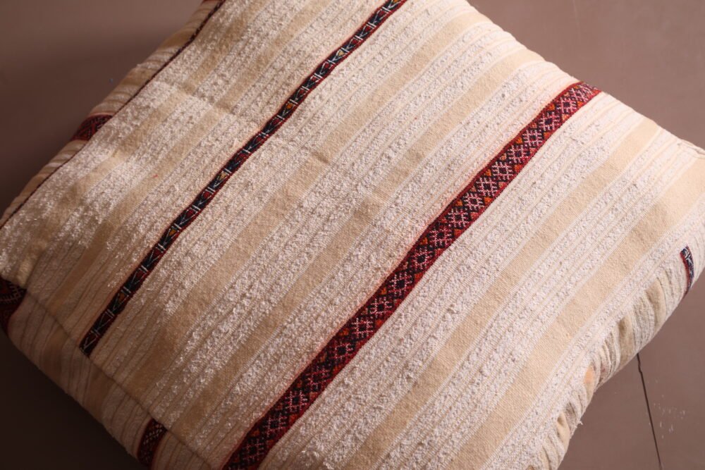 Neutral Moroccan Pouf | Cream Wool Floor Cushion with Red Tribal Stripes - Image 6