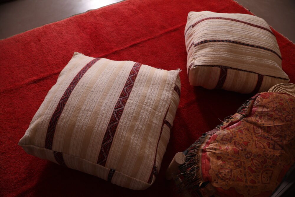 Neutral Moroccan Pouf | Cream Wool Floor Cushion with Red Tribal Stripes - Image 7