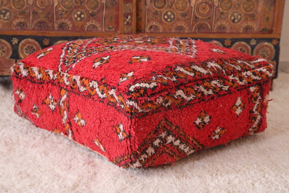 Vintage Moroccan Floor Pouf | Red and Black Geometric Seat - Image 6
