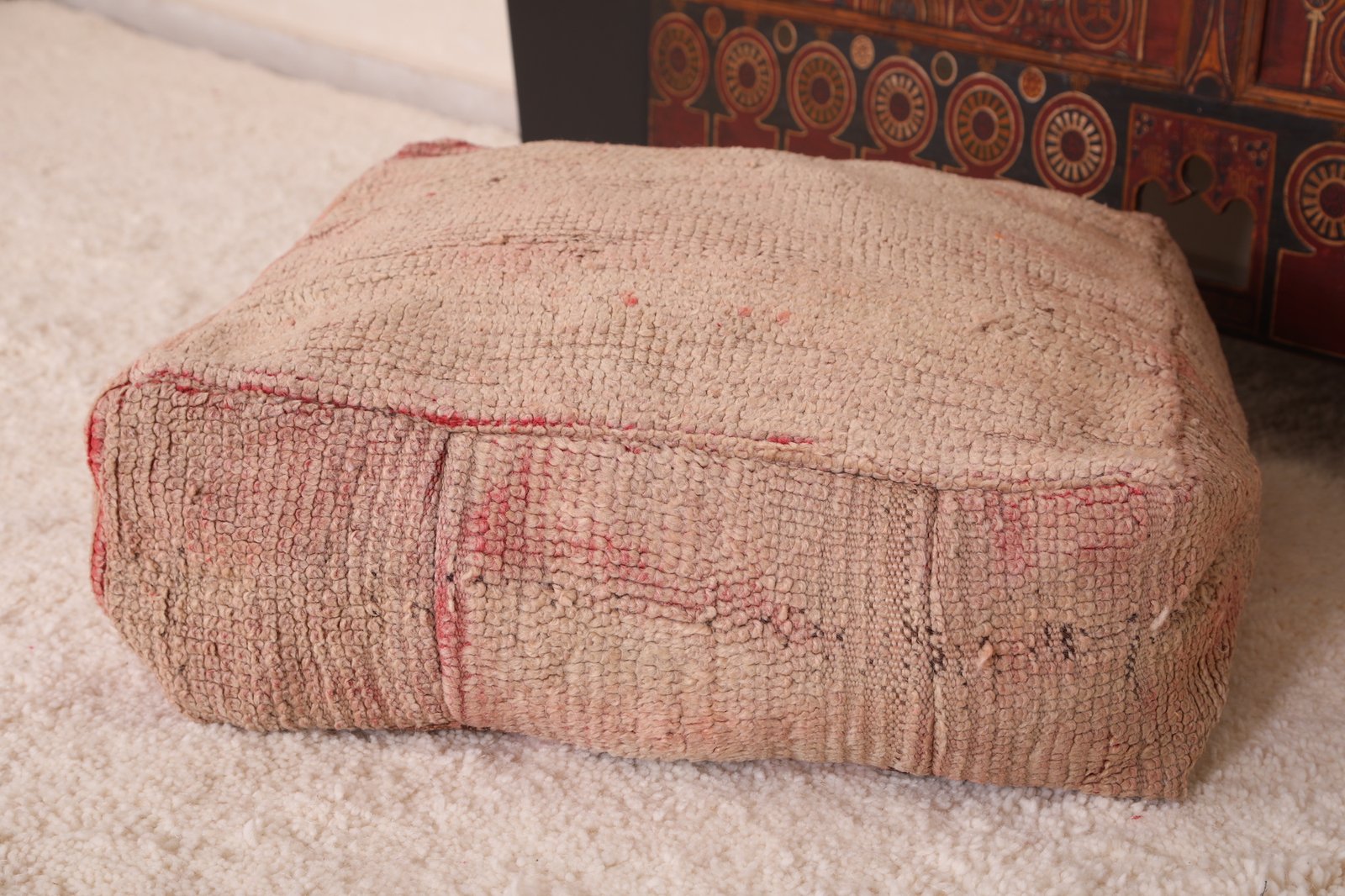 Handmade Minimalist Pouf | Beige and Blush Moroccan Ottoman - Image 4