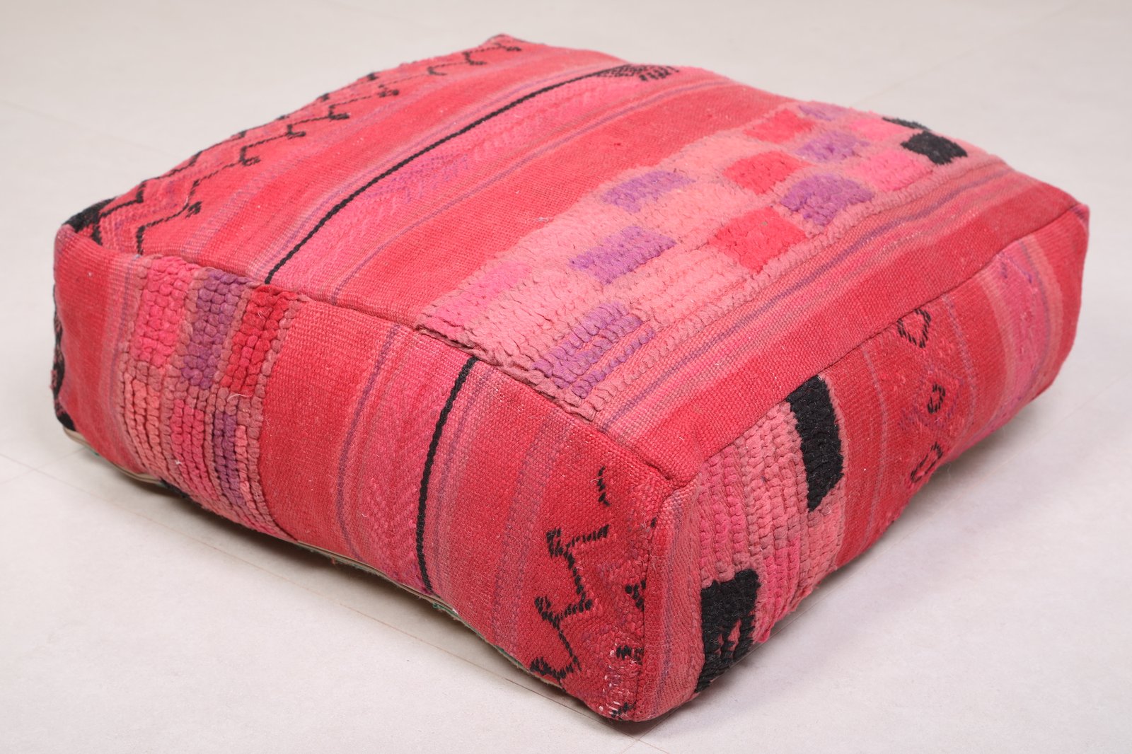 Fuchsia Moroccan Pouf | Bold Pink and Black Wool Floor Cushion