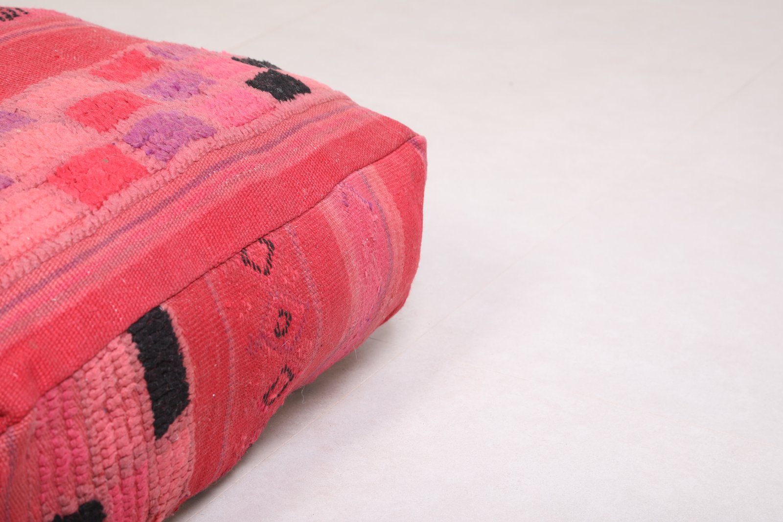 Fuchsia Moroccan Pouf | Bold Pink and Black Wool Floor Cushion - Image 2