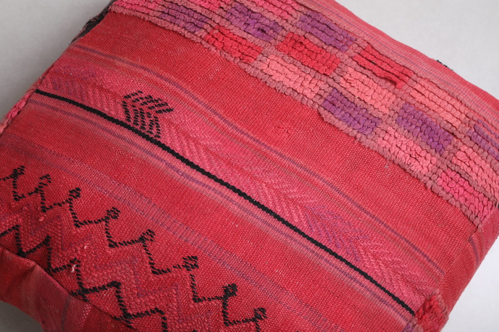 Fuchsia Moroccan Pouf | Bold Pink and Black Wool Floor Cushion - Image 3