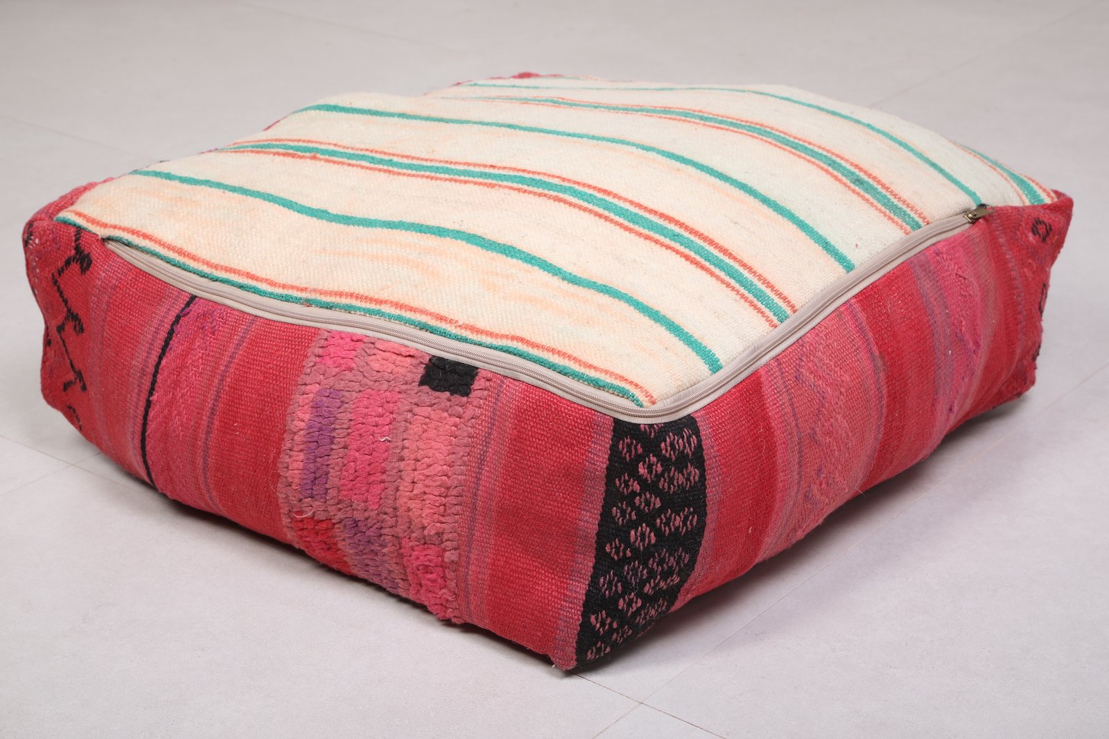 Fuchsia Moroccan Pouf | Bold Pink and Black Wool Floor Cushion - Image 4