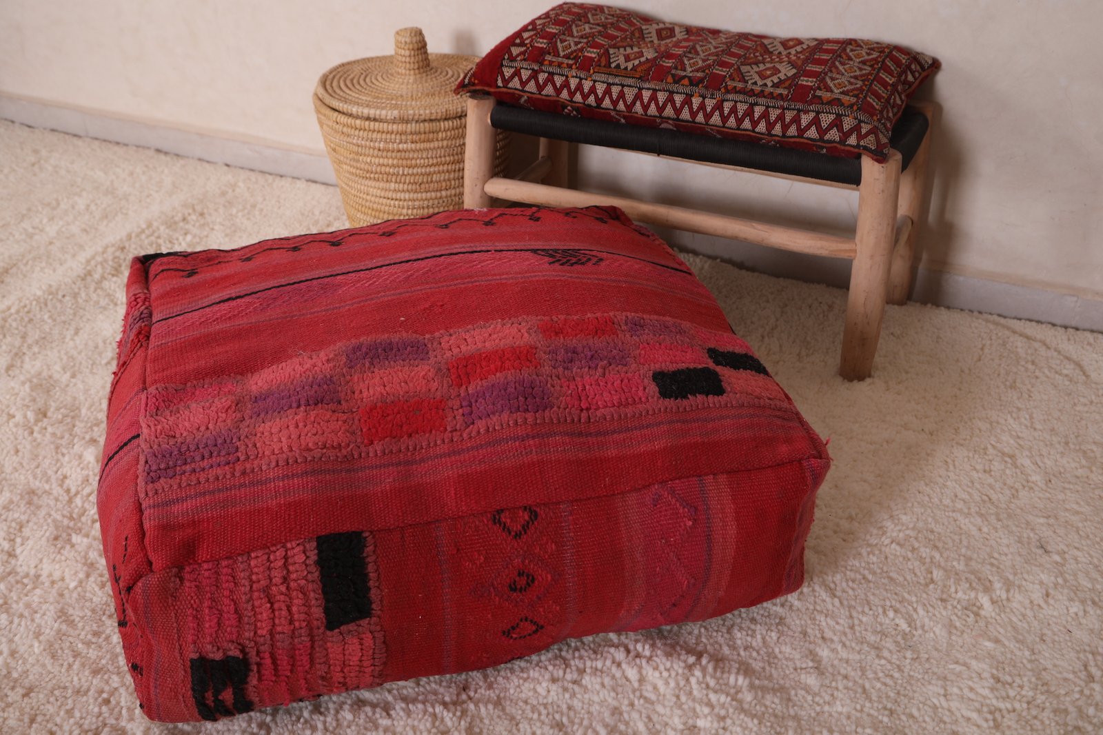 Fuchsia Moroccan Pouf | Bold Pink and Black Wool Floor Cushion - Image 5