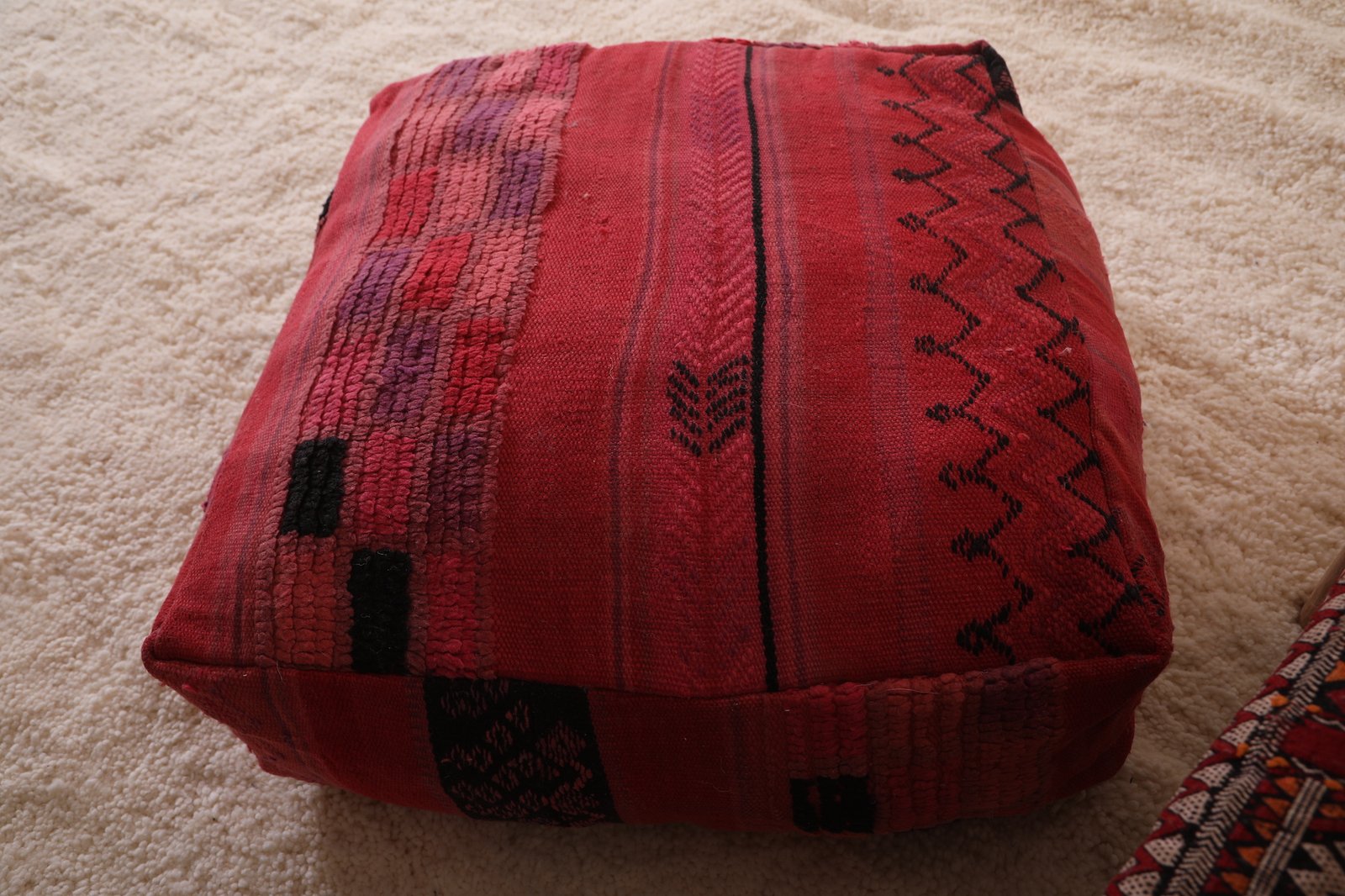 Fuchsia Moroccan Pouf | Bold Pink and Black Wool Floor Cushion - Image 6
