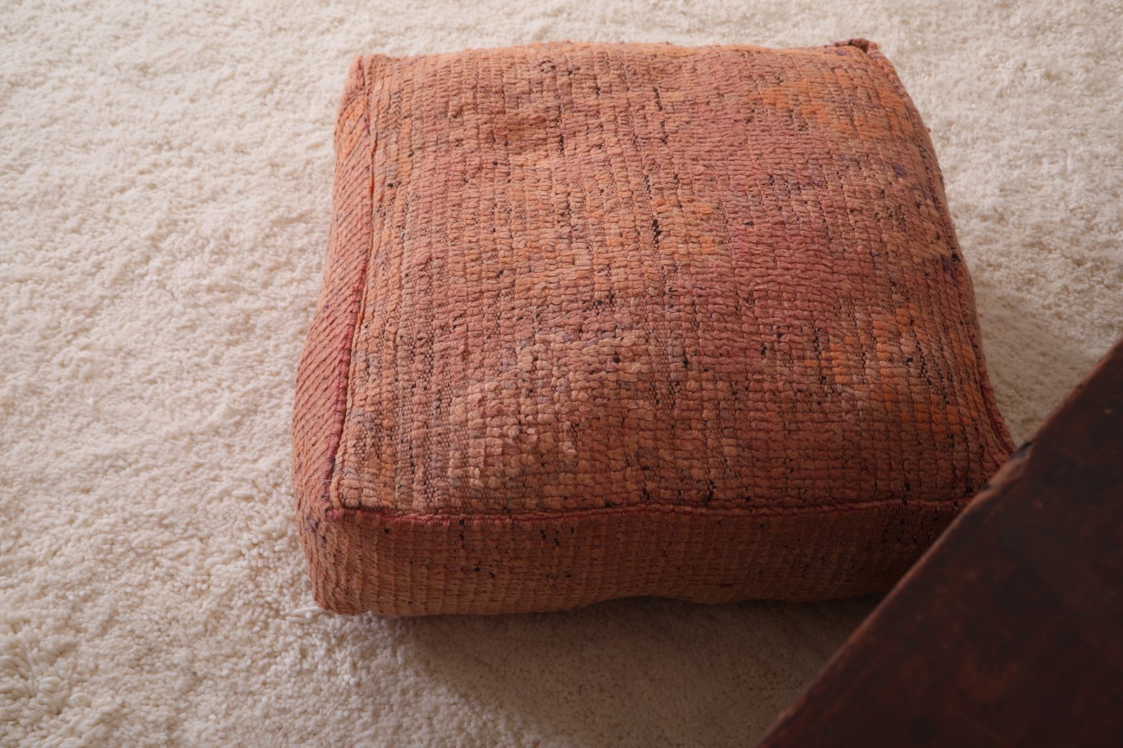 Earthy Orange Moroccan Pouf | Minimal Wool Floor Seat - Image 5