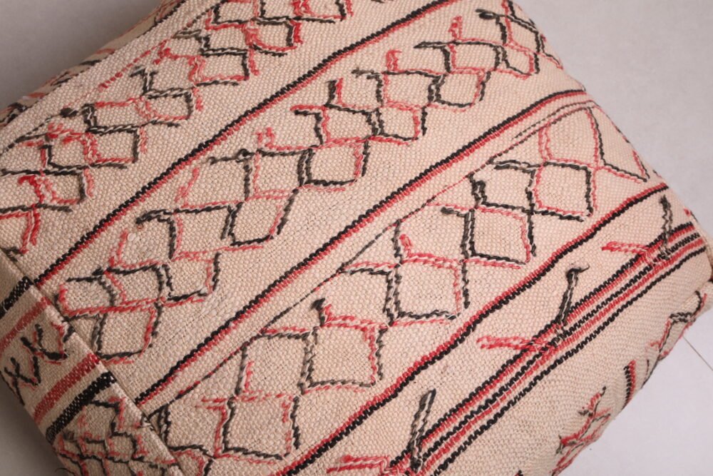 Minimalist Moroccan Pouf | Red and Black Linework on Natural Wool - Image 3