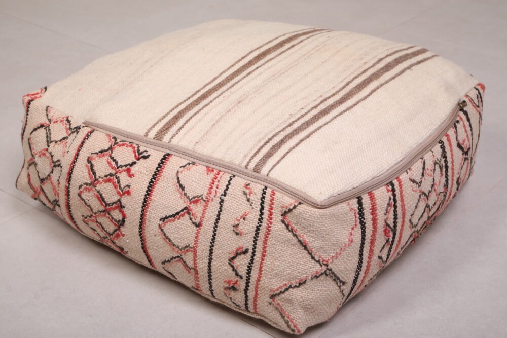 Minimalist Moroccan Pouf | Red and Black Linework on Natural Wool - Image 4