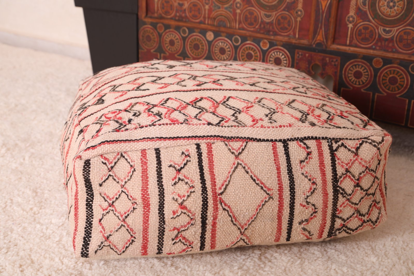 Minimalist Moroccan Pouf | Red and Black Linework on Natural Wool - Image 5