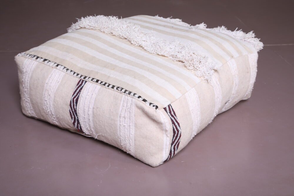 Moroccan Handira Pouf Pair | Subtle Striped Cream Floor Cushions - Image 3