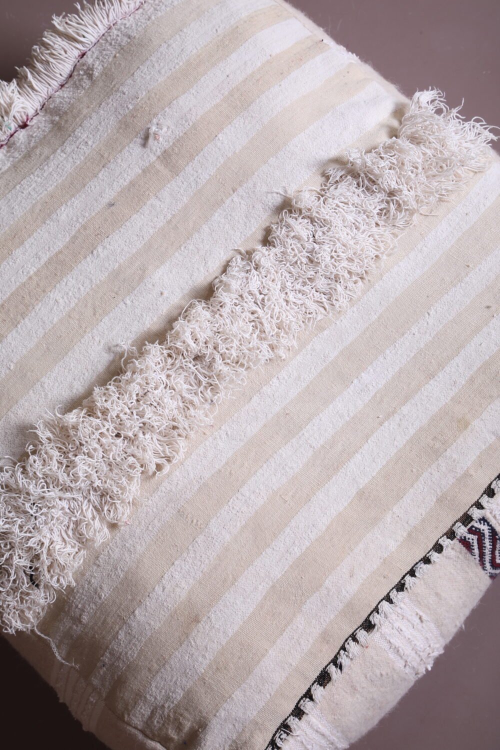 Moroccan Handira Pouf Pair | Subtle Striped Cream Floor Cushions - Image 5
