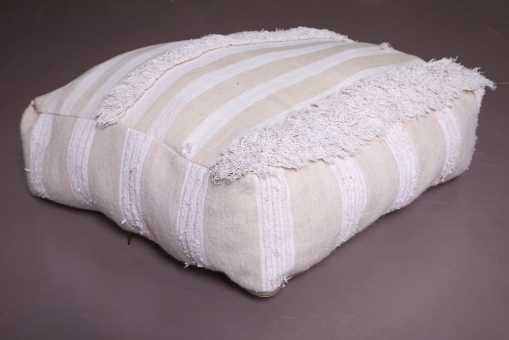 Moroccan Handira Pouf Pair | Subtle Striped Cream Floor Cushions - Image 7