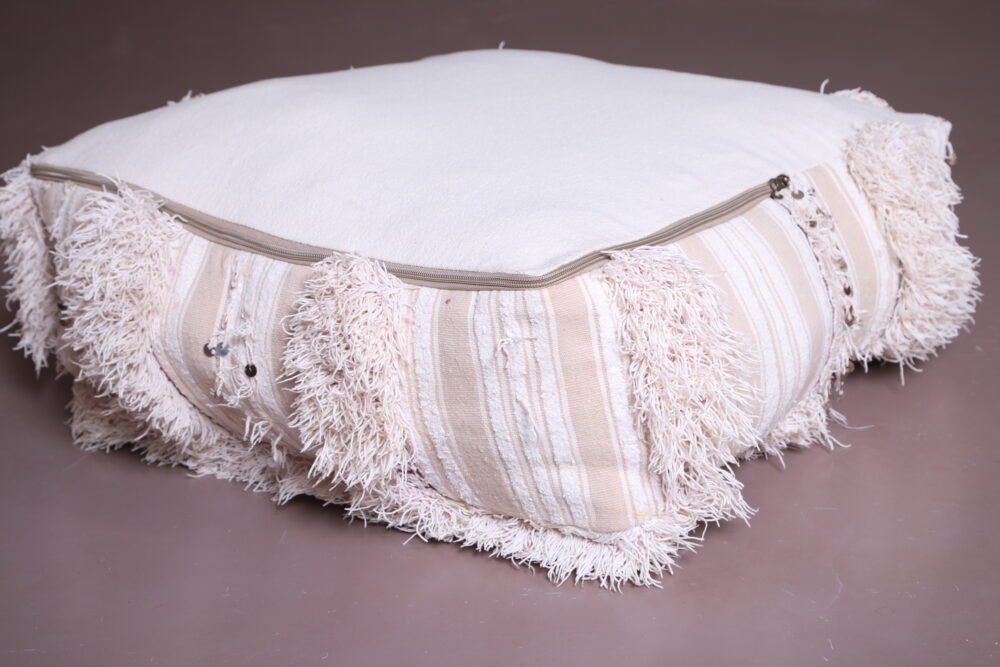 Moroccan Wedding Poufs Set | Cream & Silver Shaggy Floor Pillows - Image 4