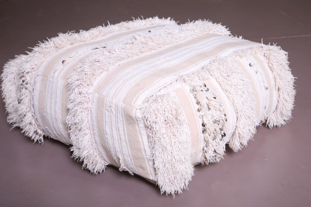 Moroccan Wedding Poufs Set | Cream & Silver Shaggy Floor Pillows - Image 5