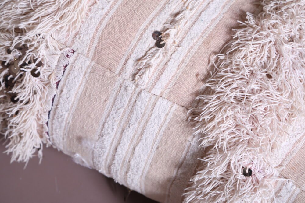 Moroccan Wedding Poufs Set | Cream & Silver Shaggy Floor Pillows - Image 6