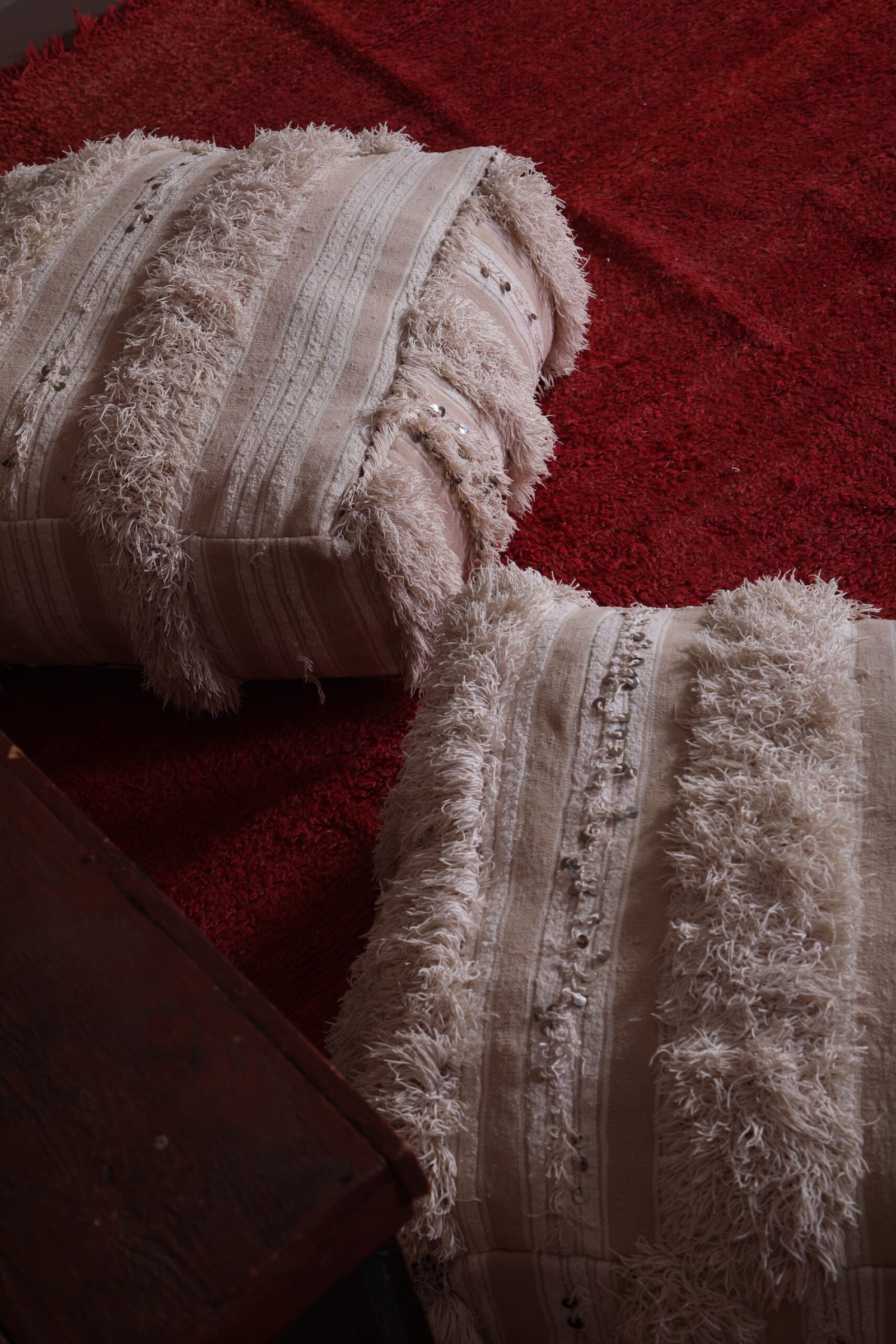 Moroccan Wedding Poufs Set | Cream & Silver Shaggy Floor Pillows - Image 8