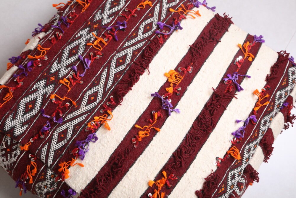 Striped Moroccan Poufs Set | Ivory and Burgundy Floor Ottomans - Image 7