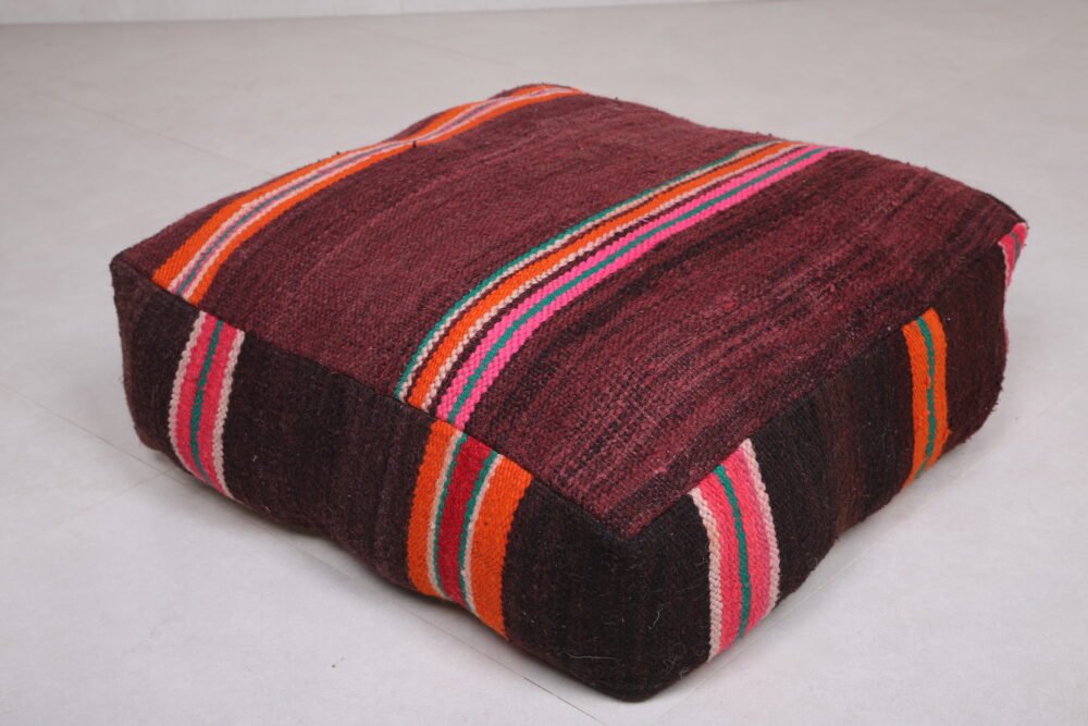 Moroccan Floor Pouf | Deep Plum Wool Seat with Colorful Tribal Stripes - Image 2