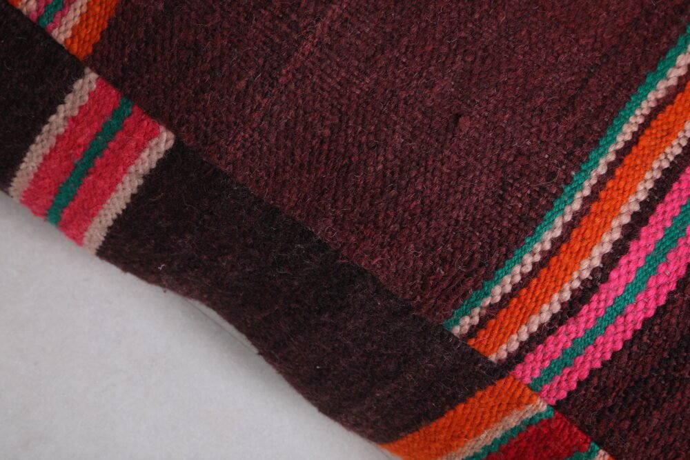 Moroccan Floor Pouf | Deep Plum Wool Seat with Colorful Tribal Stripes - Image 3