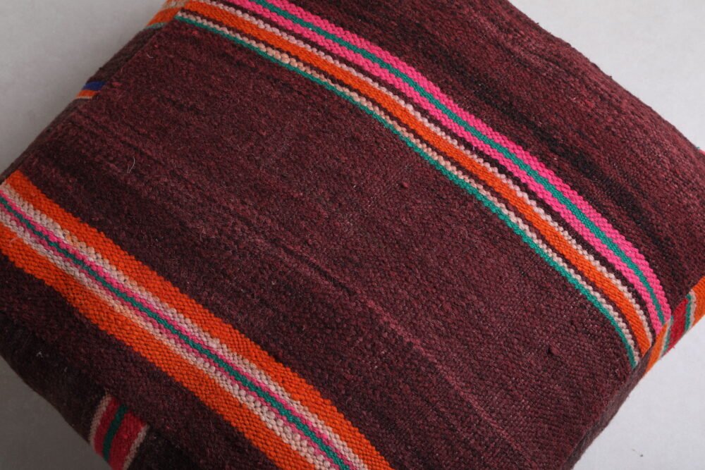 Moroccan Floor Pouf | Deep Plum Wool Seat with Colorful Tribal Stripes - Image 4