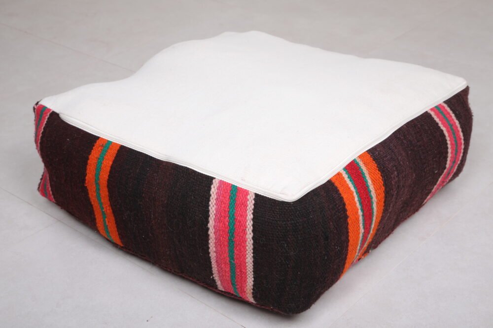 Moroccan Floor Pouf | Deep Plum Wool Seat with Colorful Tribal Stripes - Image 5