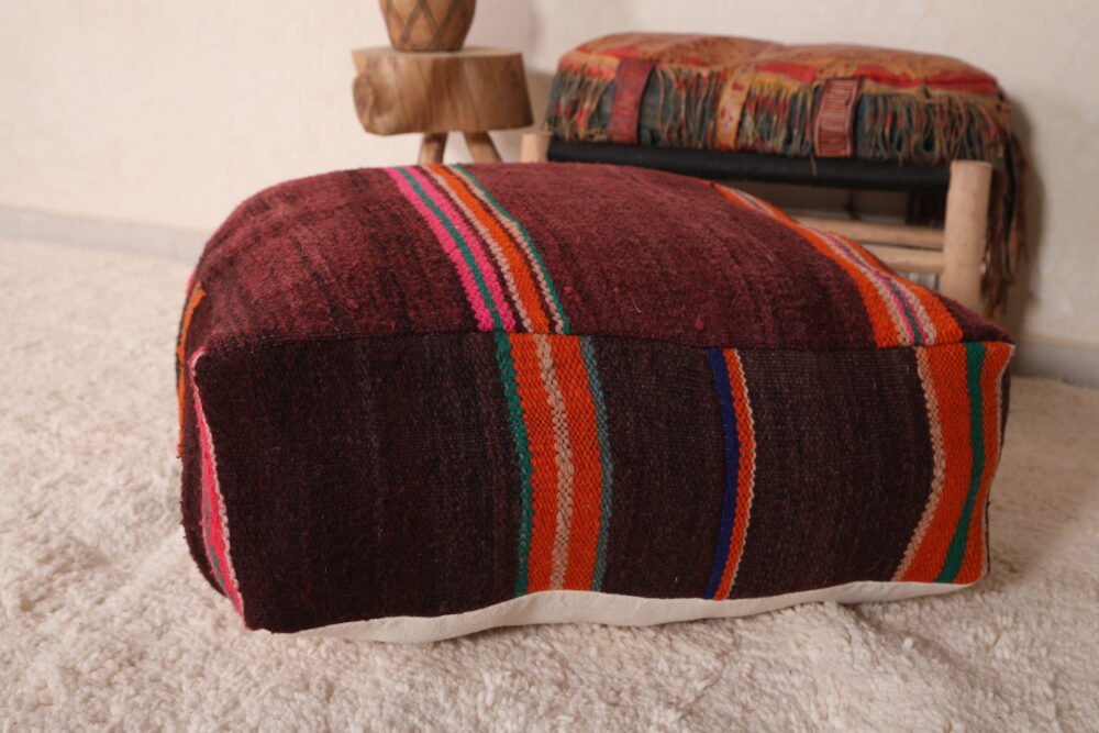 Moroccan Floor Pouf | Deep Plum Wool Seat with Colorful Tribal Stripes - Image 6