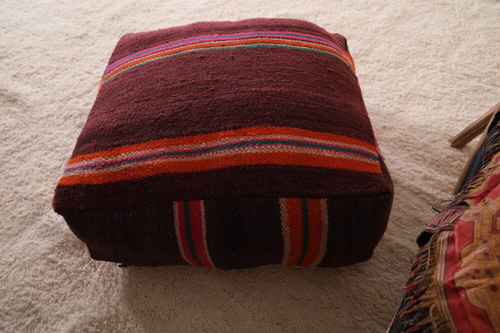 Moroccan Floor Pouf | Deep Plum Wool Seat with Colorful Tribal Stripes - Image 7