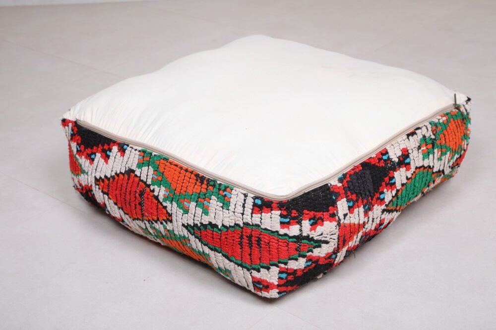 Multicolor Moroccan Pouf | Red, Green, and Black Tribal Floor Cushion - Image 4