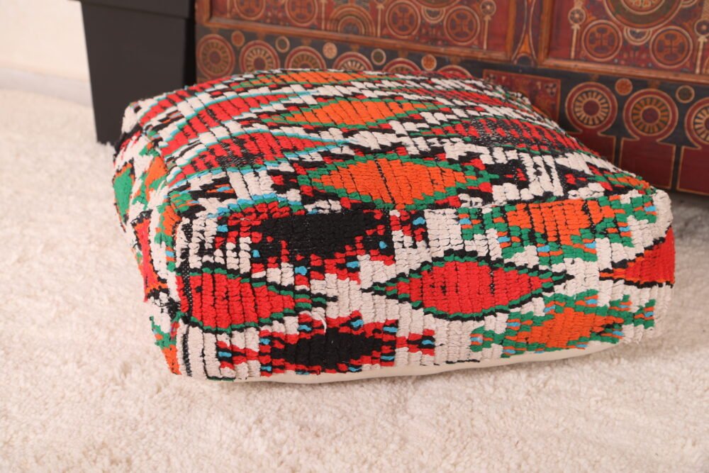 Multicolor Moroccan Pouf | Red, Green, and Black Tribal Floor Cushion - Image 5