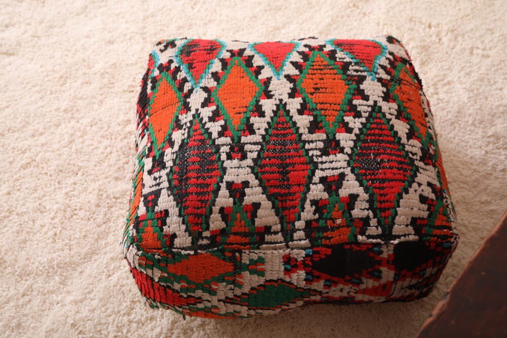 Multicolor Moroccan Pouf | Red, Green, and Black Tribal Floor Cushion - Image 6