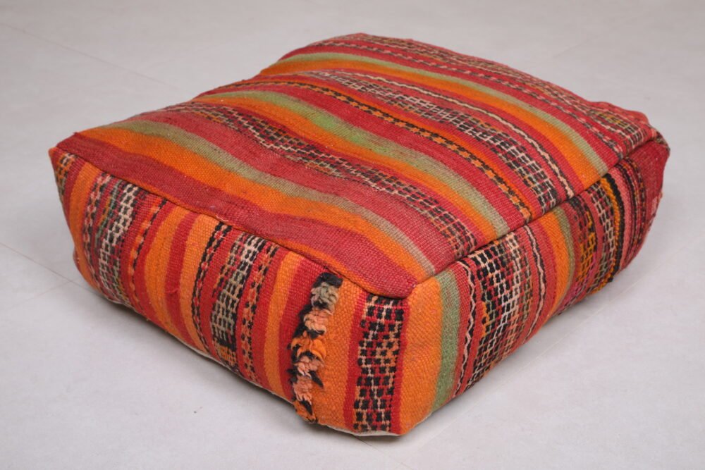 Striped Moroccan Pouf | Red, Orange, and Olive Wool Floor Cushion - Image 2