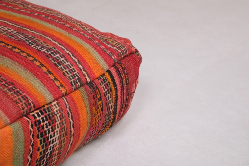 Striped Moroccan Pouf | Red, Orange, and Olive Wool Floor Cushion - Image 3