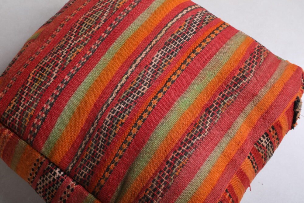 Striped Moroccan Pouf | Red, Orange, and Olive Wool Floor Cushion - Image 4
