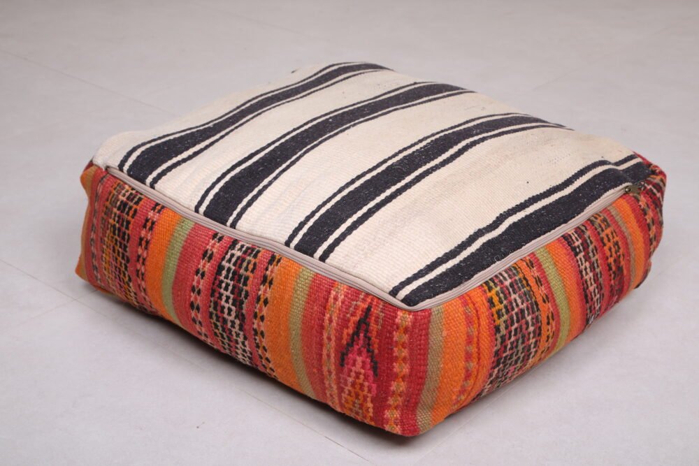 Striped Moroccan Pouf | Red, Orange, and Olive Wool Floor Cushion - Image 5