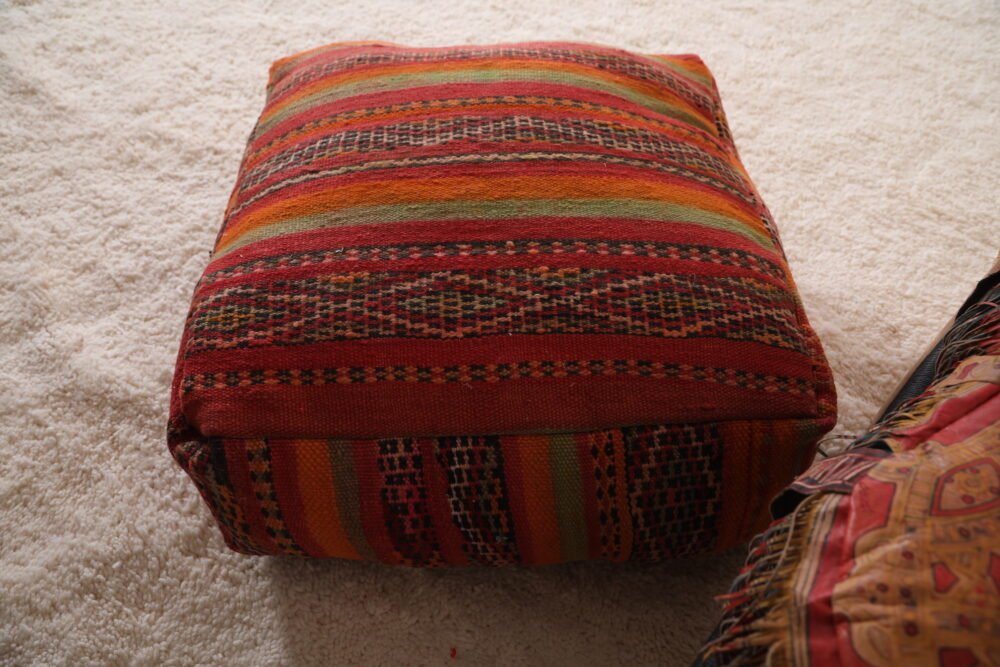 Striped Moroccan Pouf | Red, Orange, and Olive Wool Floor Cushion - Image 6