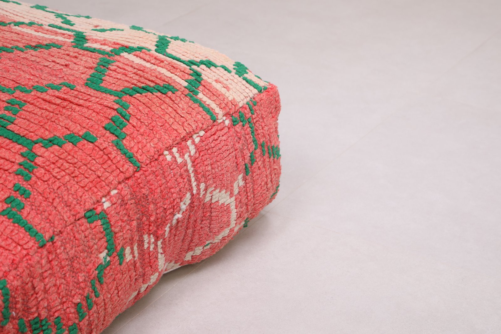 Moroccan Floor Pouf | Handwoven Coral and Emerald Tribal Seat - Image 2