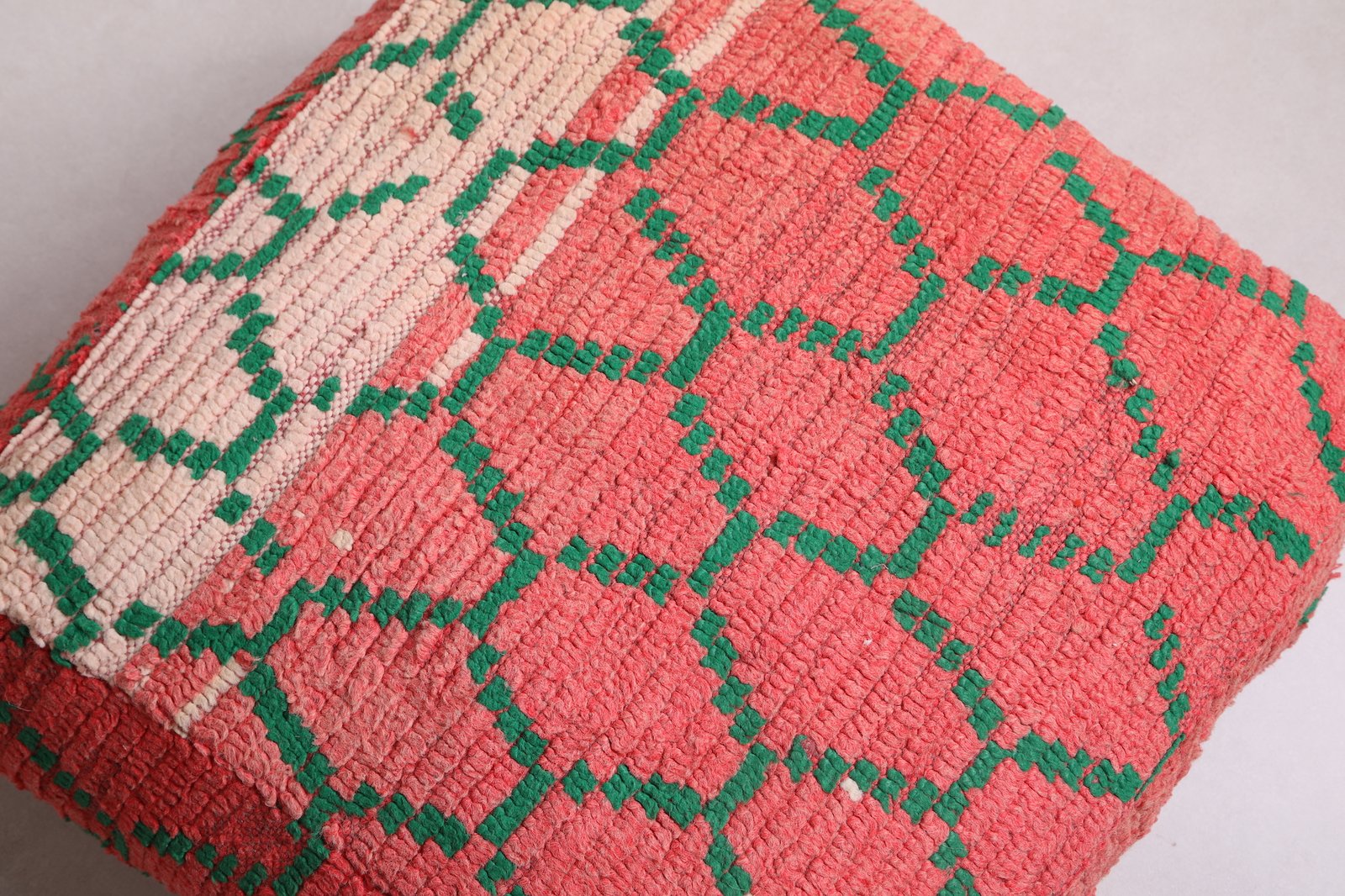 Moroccan Floor Pouf | Handwoven Coral and Emerald Tribal Seat - Image 3