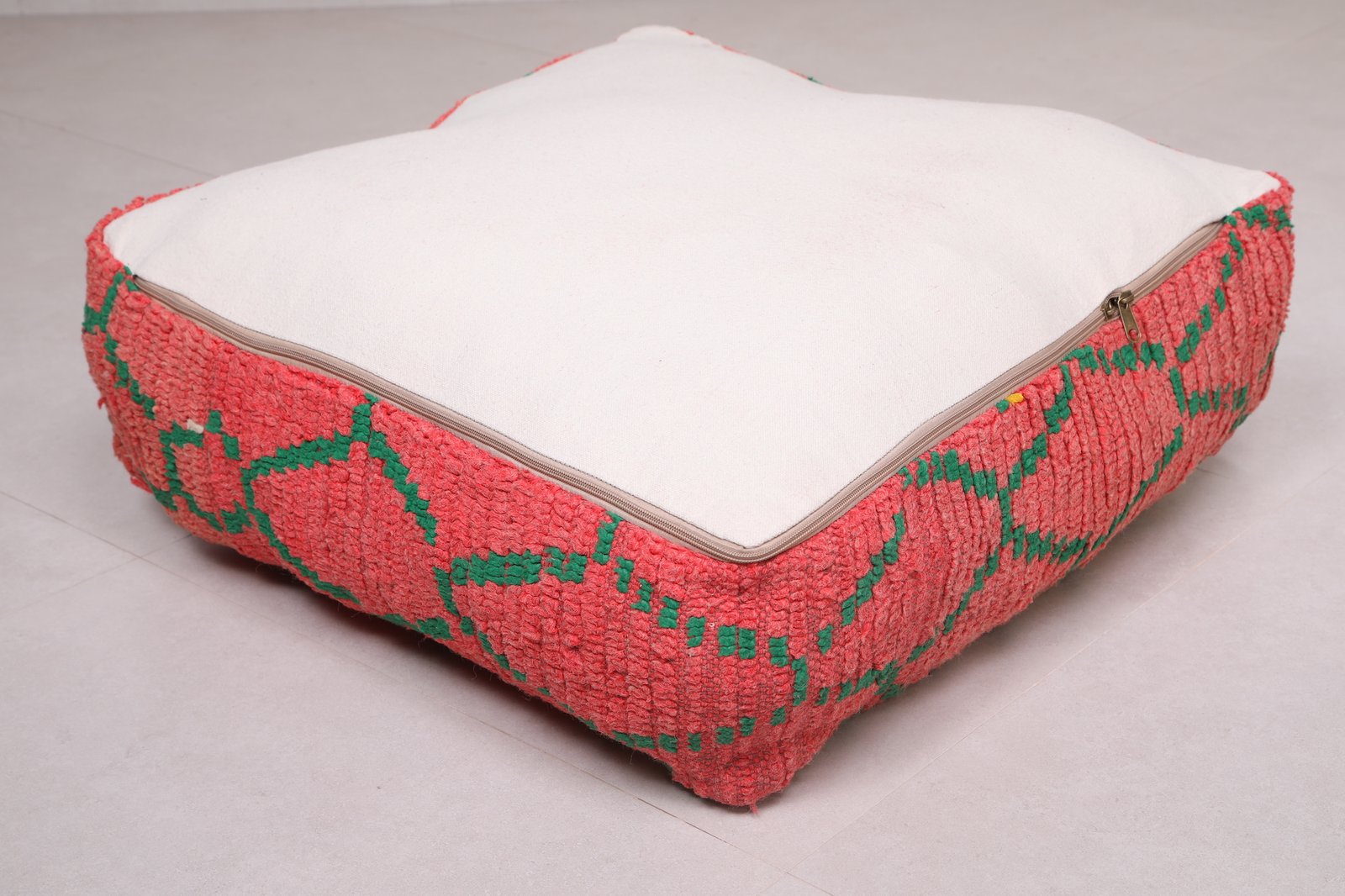 Moroccan Floor Pouf | Handwoven Coral and Emerald Tribal Seat - Image 5